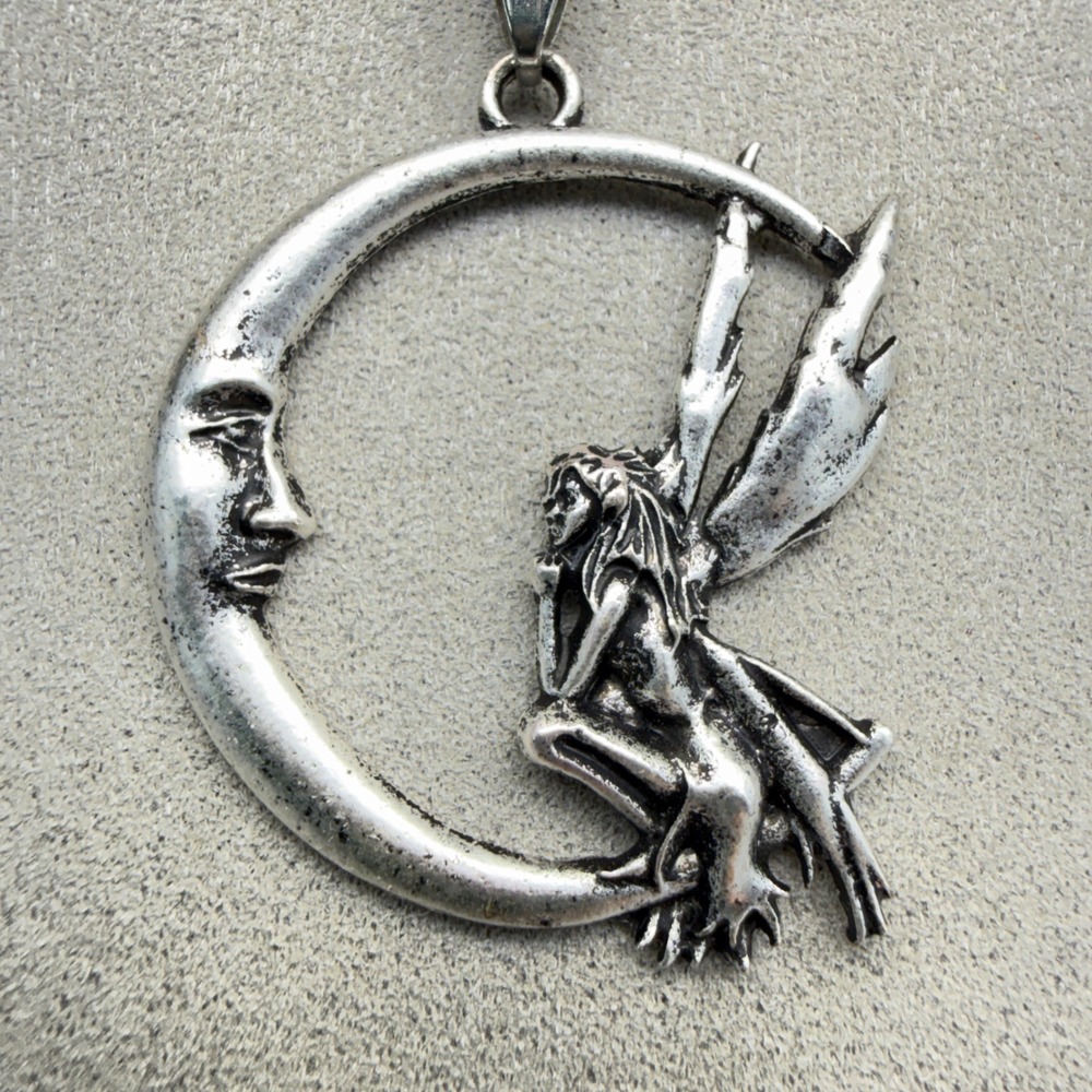 Fairy Moon Necklace Silver Tone 19" Whimsical Y2K Celestial